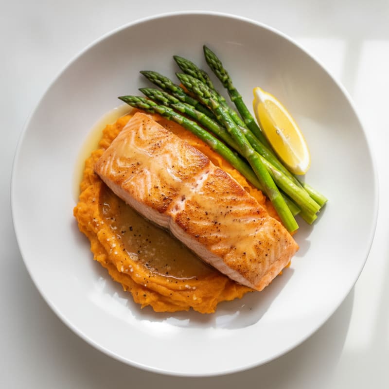 Seared Salmon Fillet with Steamed Asparagus and Sweet Potato Mash