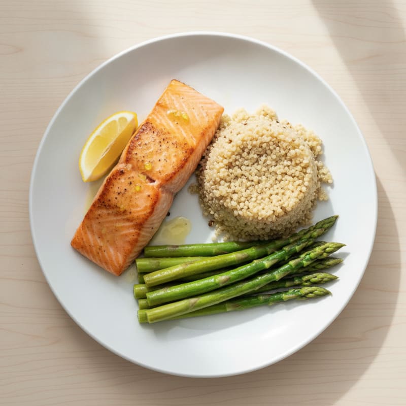 Seared Salmon with Steamed Asparagus and Quinoa Pilaf