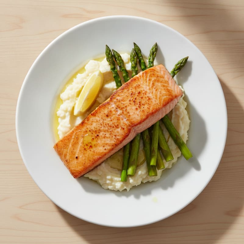 Seared Salmon Fillet with Roasted Asparagus and Cauliflower Mash