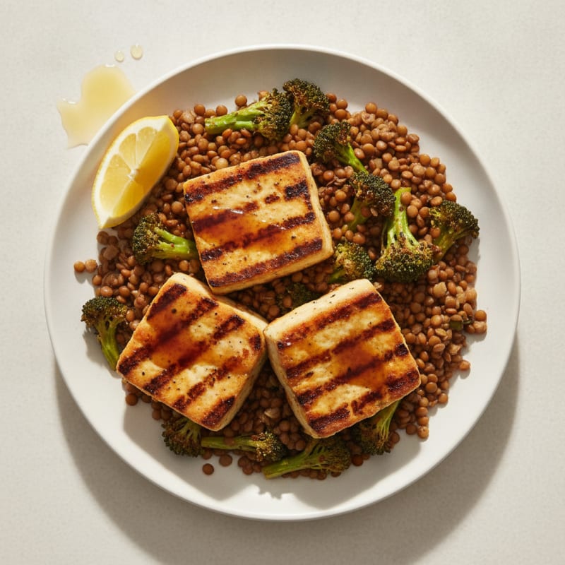 Grilled Tofu Steaks with Roasted Broccoli and Lentils