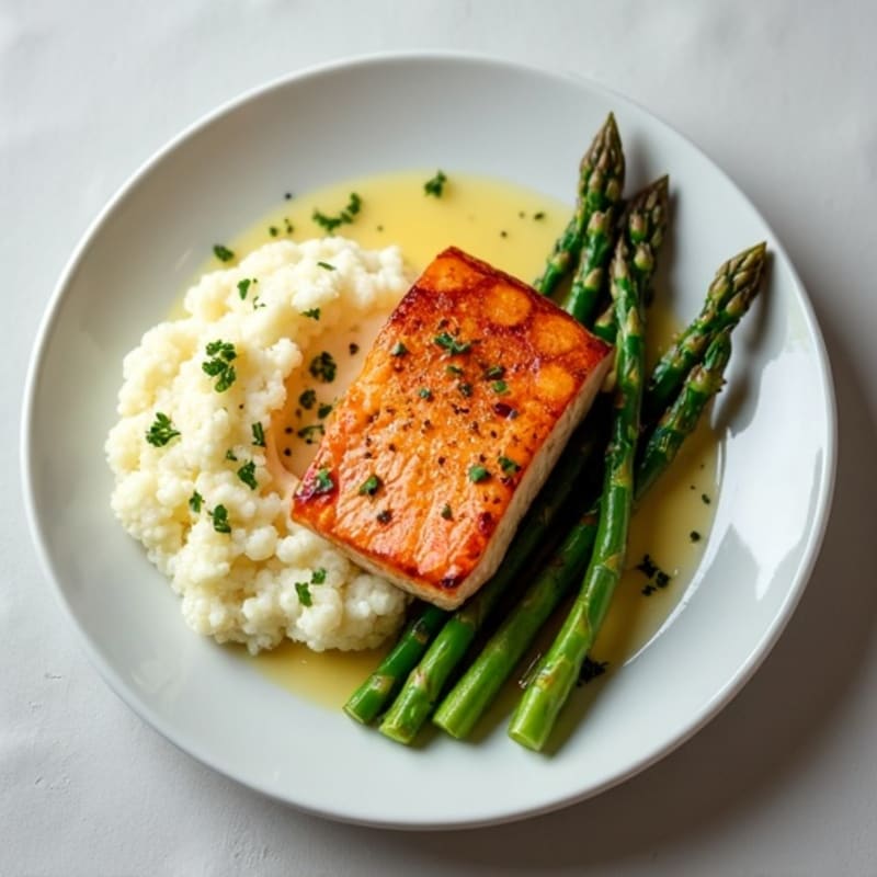 Seared Salmon with Steamed Asparagus and Cauliflower Mash