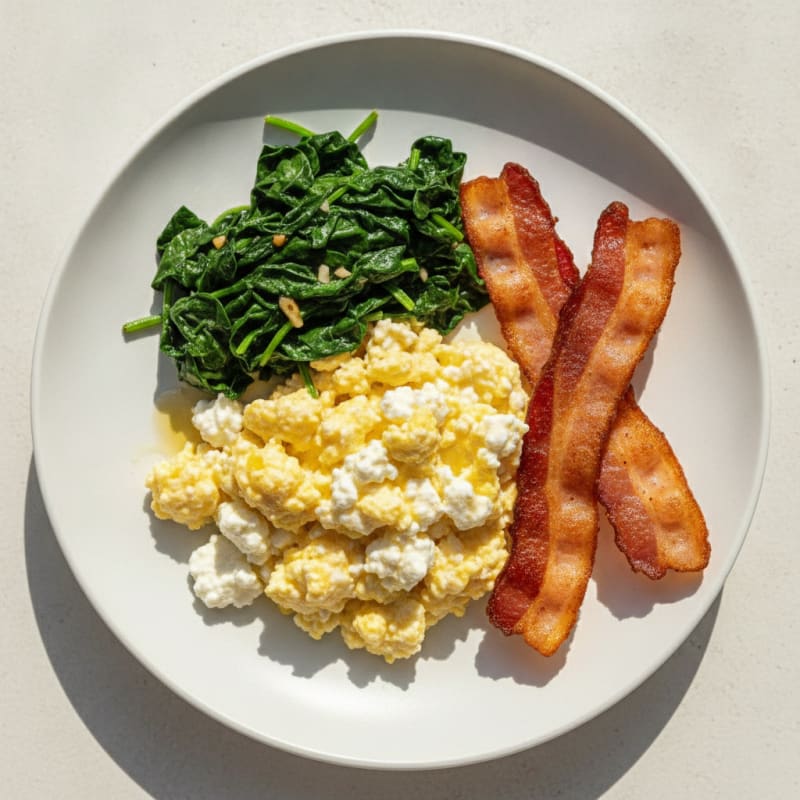 Cottage Cheese Scramble with Sautéed Spinach and Turkey Bacon