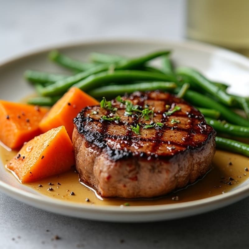 Seared Lean Beef Steak with Roasted Sweet Potato and Green Beans