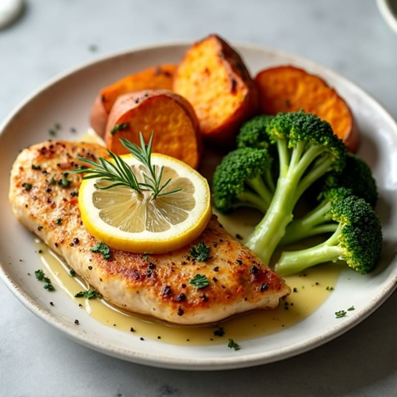 Lemon-Herb Roasted Chicken with Crispy Roasted Broccoli and Sweet Potatoes