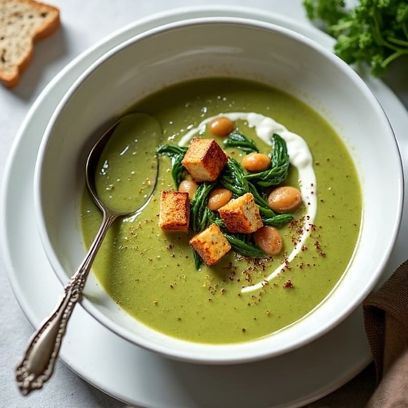 Creamy Protein-Rich Chard Soup with Crispy Whole Wheat Croutons