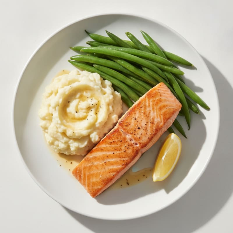 Seared Salmon with Steamed Green Beans and Garlic Mashed Cauliflower