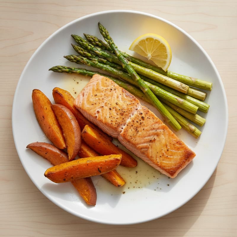 Seared Salmon with Roasted Sweet Potatoes and Asparagus