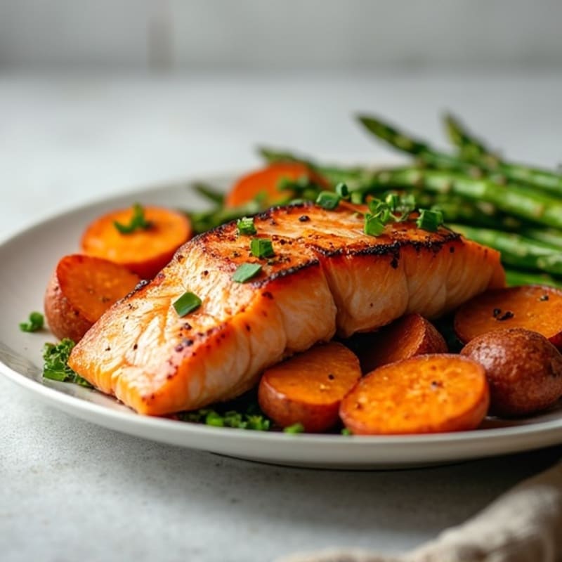 Seared Salmon Fillet with Roasted Sweet Potatoes and Asparagus
