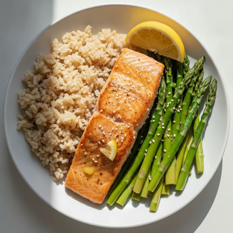 Seared Salmon with Steamed Asparagus and Brown Rice