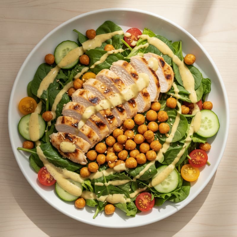 Grilled Chicken Salad with Crunchy Chickpeas and Lemon Tahini Dressing