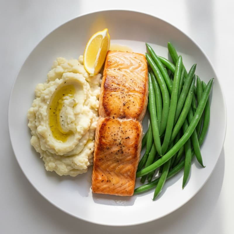 Seared Salmon with Steamed Green Beans and Garlic Mashed Cauliflower