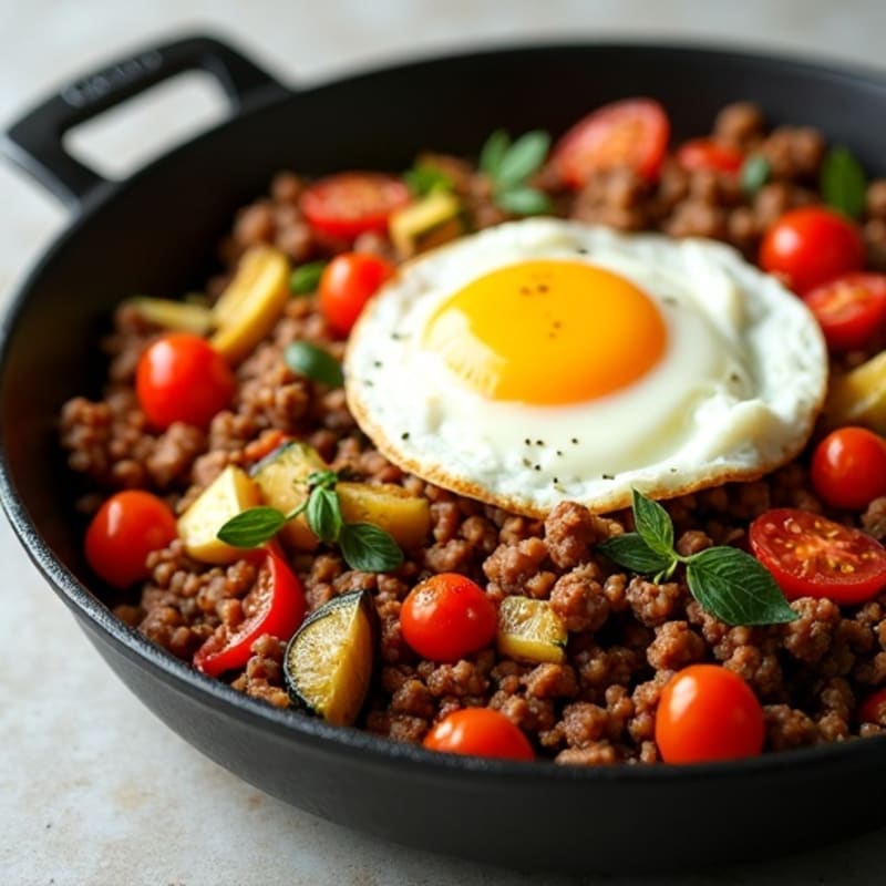 Hearty Ground Bison and Roasted Vegetable Skillet