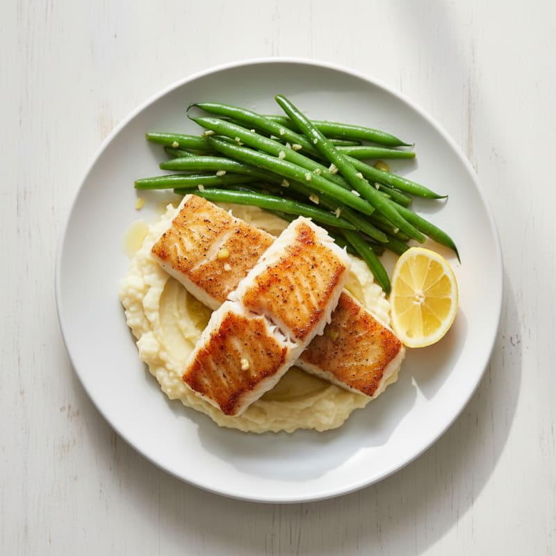Seared Cod with Steamed Green Beans and Cauliflower Mash
