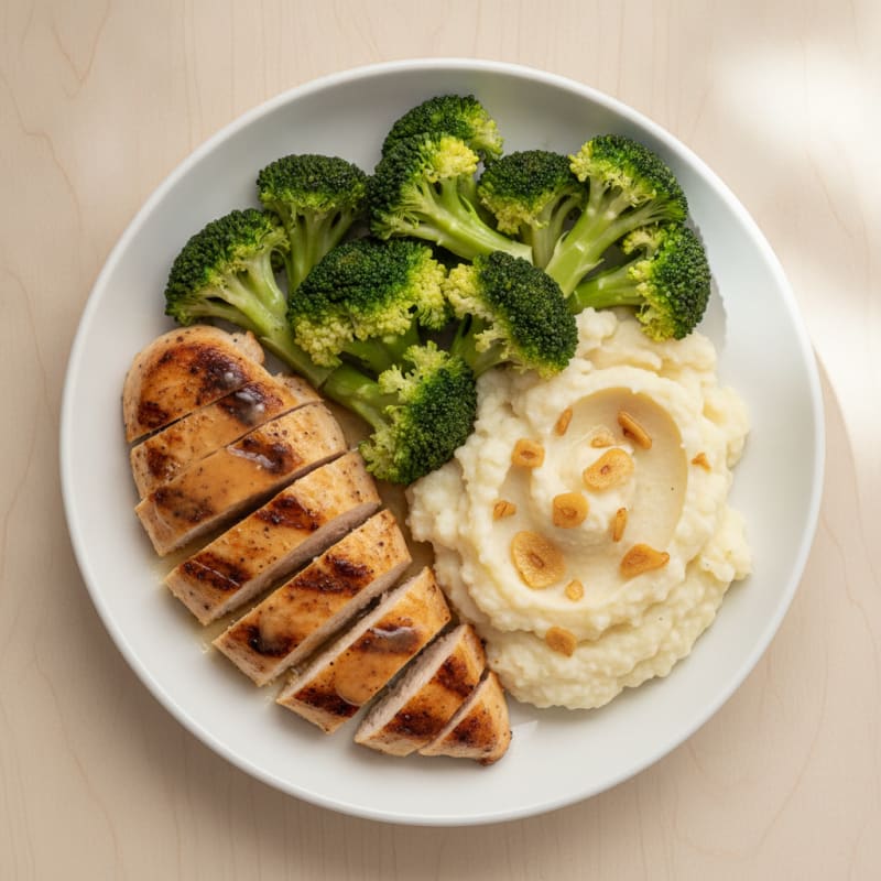 Grilled Chicken Breast with Steamed Broccoli and Cauliflower Mash