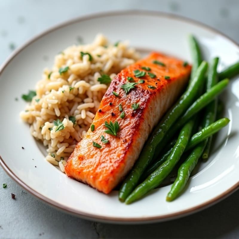 Seared Salmon with Garlic Green Beans and Brown Rice