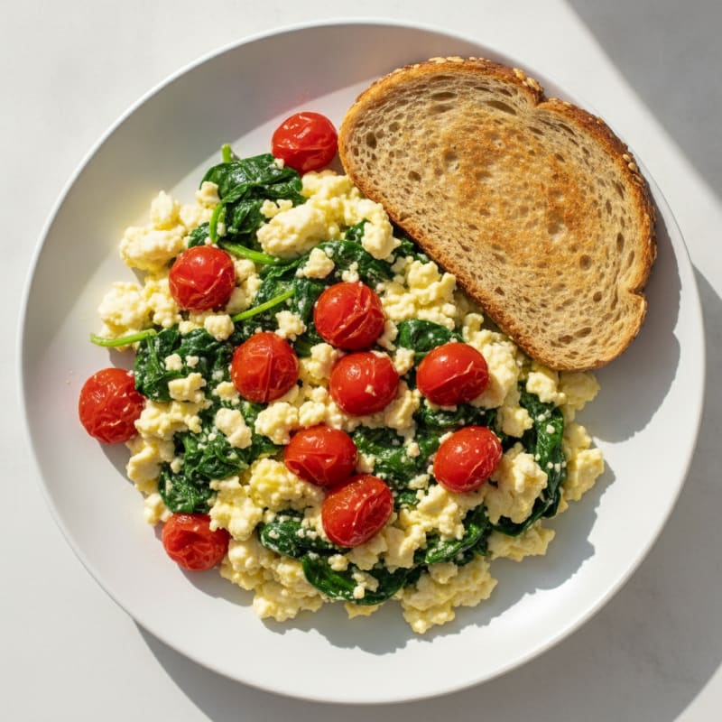 Cottage Cheese Egg Scramble with Sautéed Spinach and Cherry Tomatoes