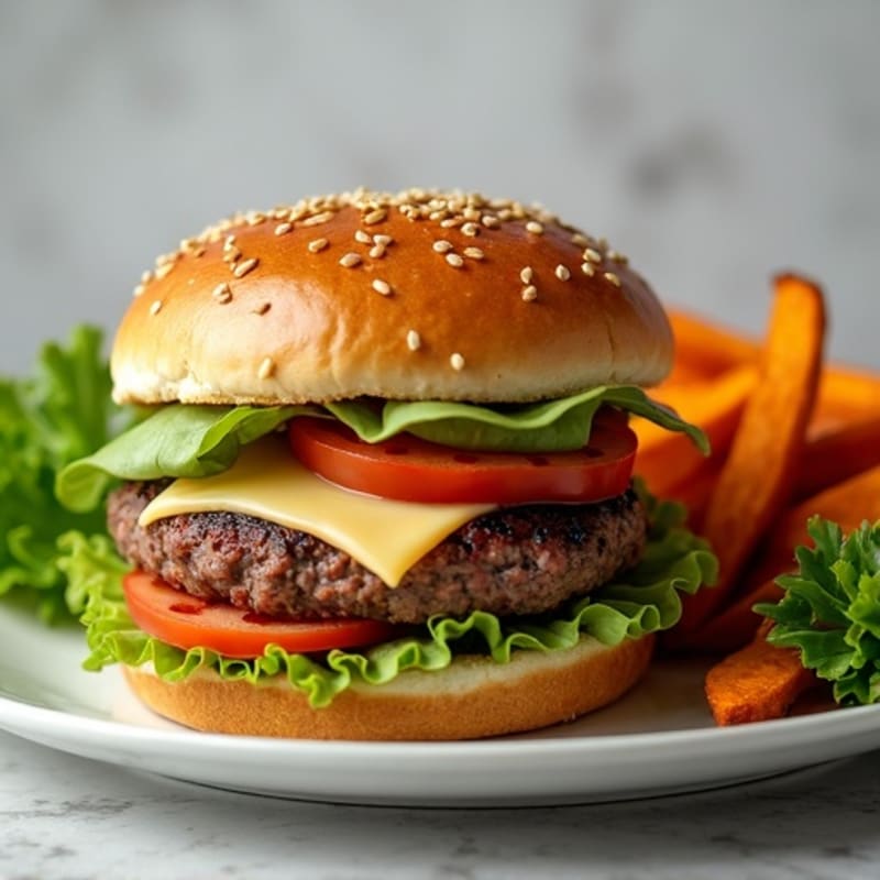Lean Beef Burger with Crispy Sweet Potato Fries