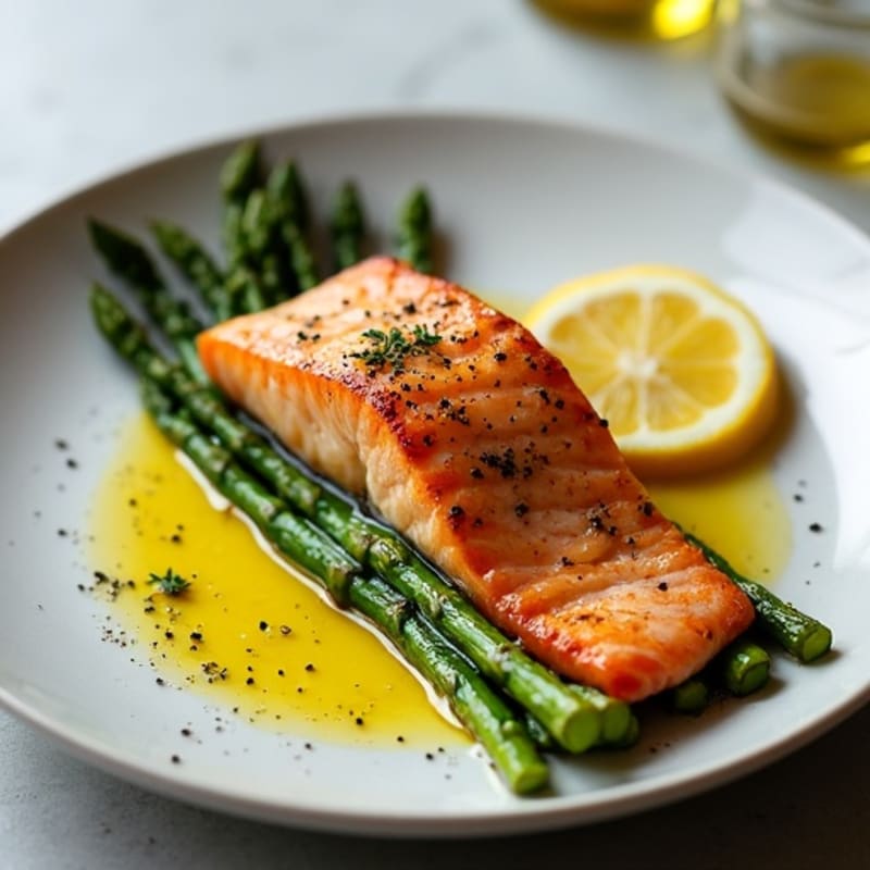 Crispy Skinned Salmon with Roasted Asparagus and Lemon