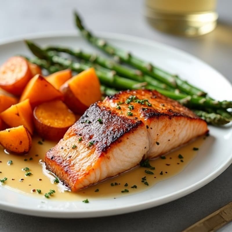 Baked Salmon Fillet with Roasted Sweet Potatoes and Asparagus