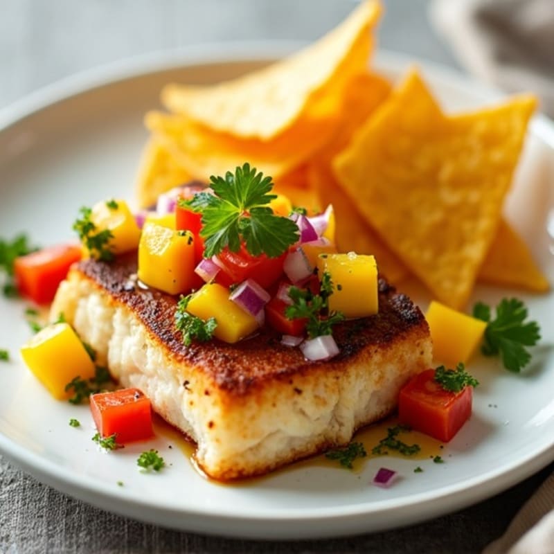 Pan-Seared Cod with Zesty Mango Salsa and Crispy Plantain Chips
