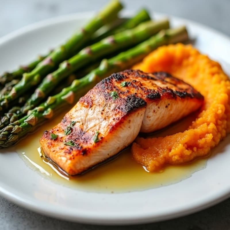 Seared Salmon Fillet with Roasted Asparagus and Sweet Potato Mash