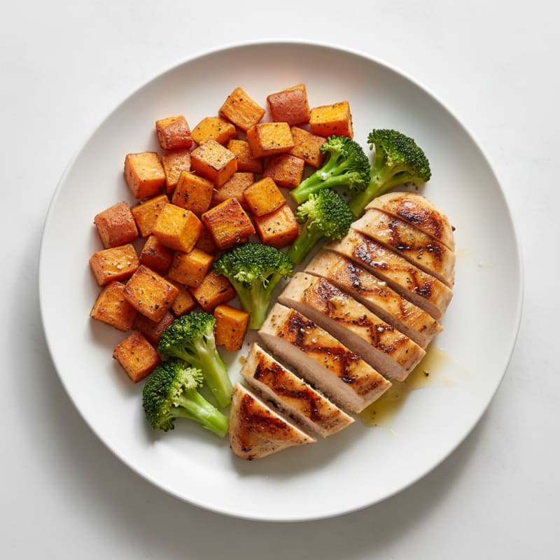 Grilled Chicken Breast with Roasted Sweet Potato and Steamed Broccoli