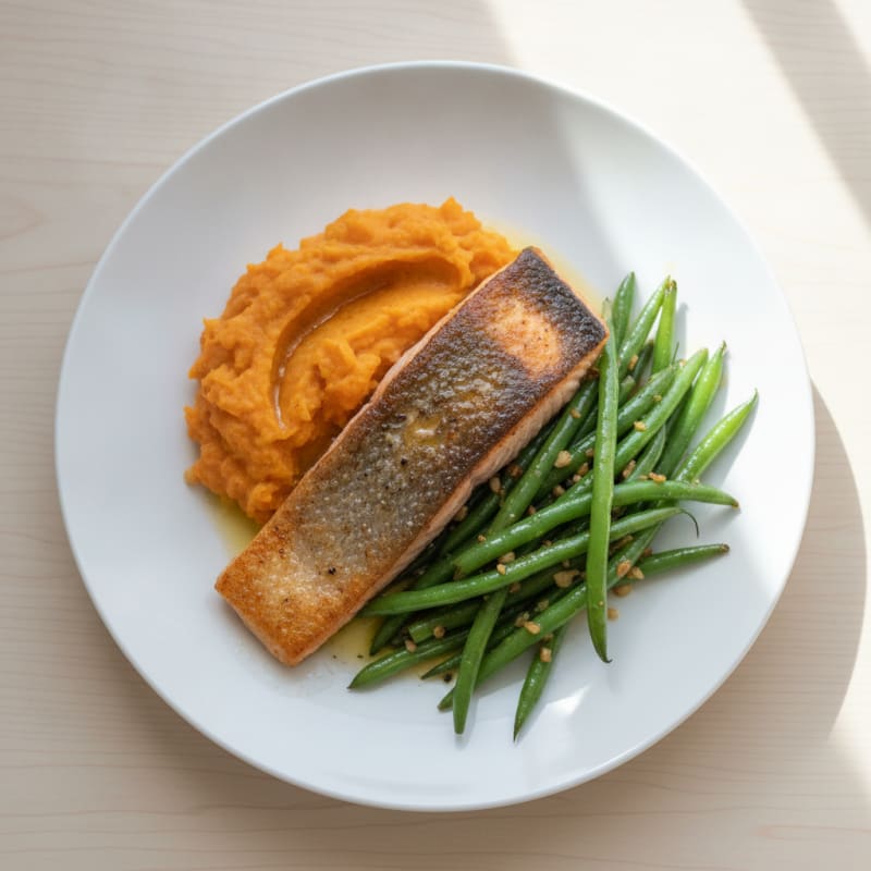 Seared Salmon with Garlic Green Beans and Mashed Sweet Potato