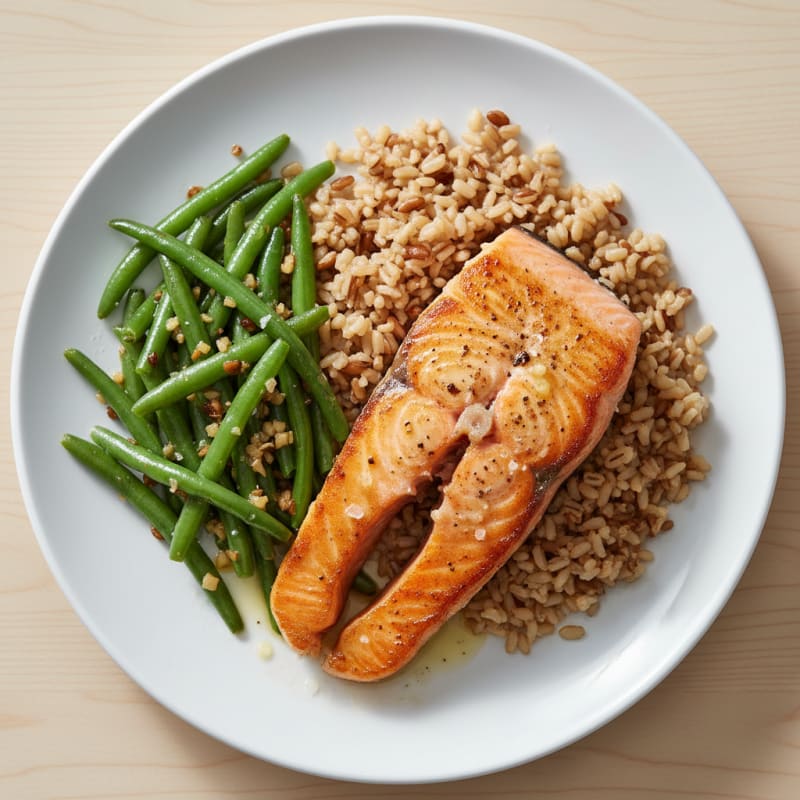 Seared Salmon with Garlic Green Beans and Brown Rice