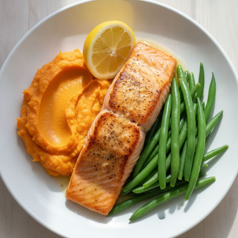 Seared Salmon Fillet with Steamed Green Beans and Sweet Potato Mash