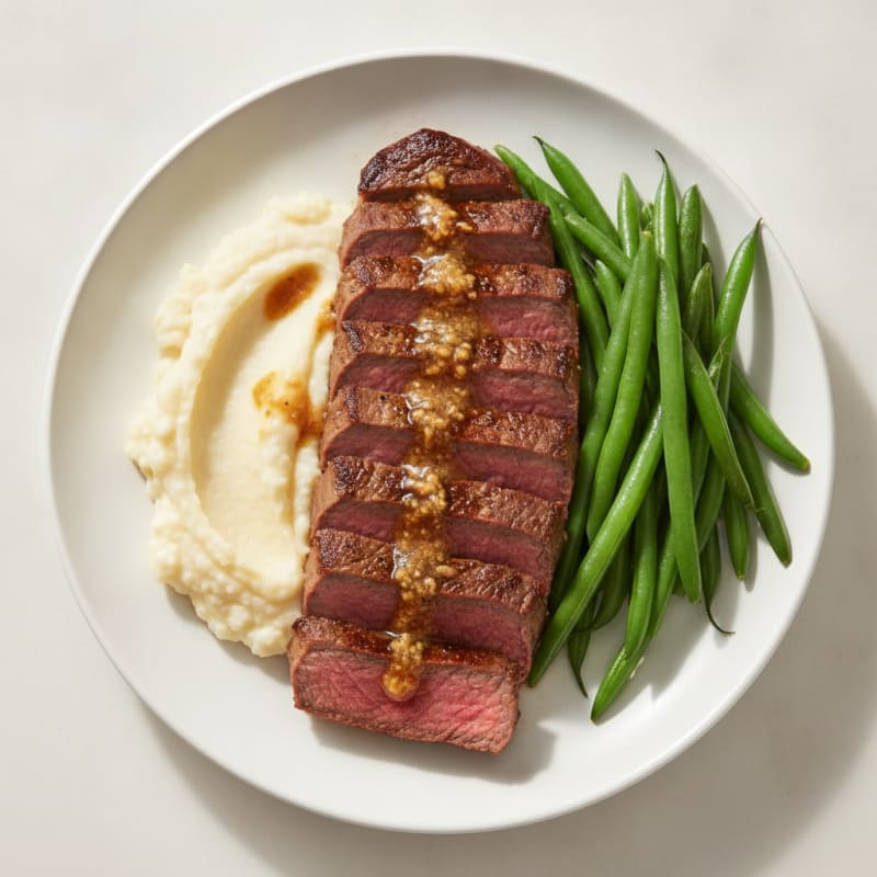 Seared Lean Beef with Steamed Green Beans and Cauliflower Mash