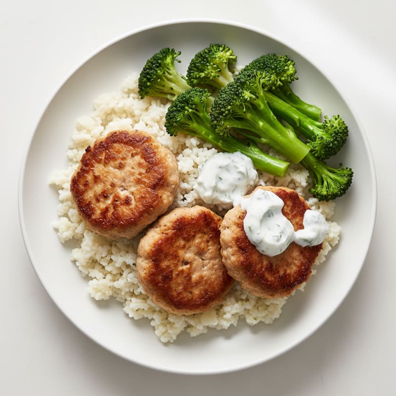 Seared Turkey Patties with Steamed Broccoli and Cauliflower Rice
