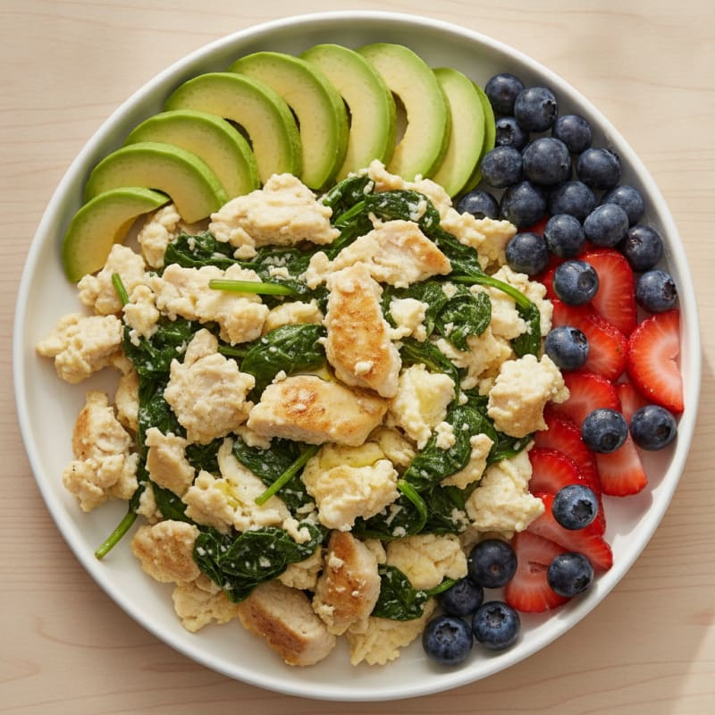 Chicken Egg White Scramble with Sautéed Spinach and Fresh Berries