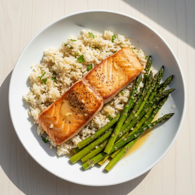 Seared Salmon with Garlic Rice and Roasted Asparagus