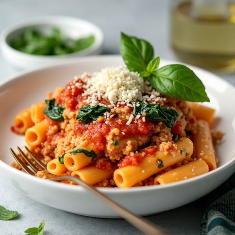 Lean Ground Turkey Baked Ziti with Creamy Ricotta and Spinach
