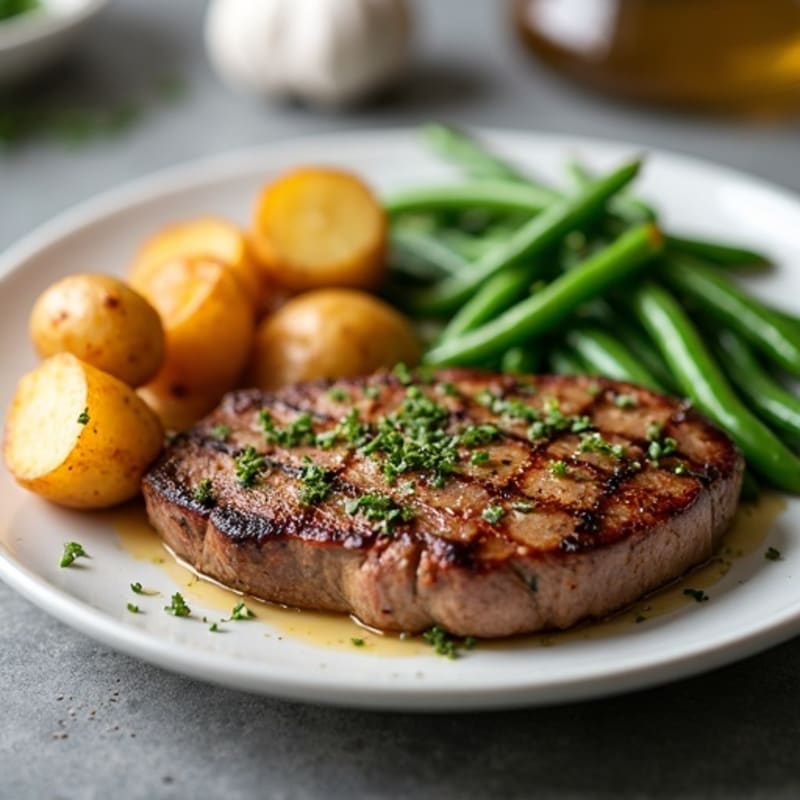 Tender Garlic Butter Steak with Crispy Roasted Potatoes and Fresh Green Beans