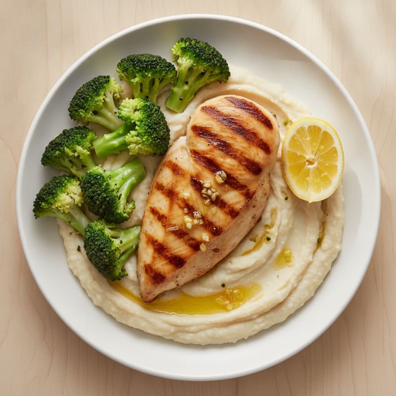 Grilled Chicken Breast with Creamy White Bean Mash and Steamed Broccoli