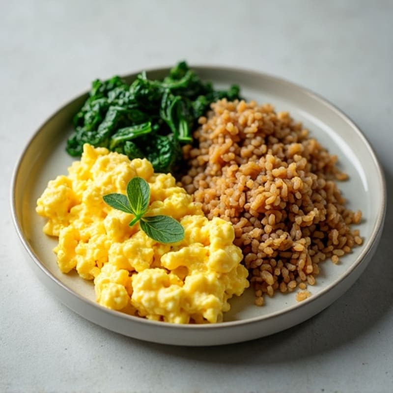 Creamy Scrambled Eggs with Sautéed Spinach and Brown Rice