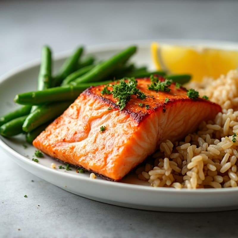 Seared Salmon Fillet with Garlic Green Beans and Brown Rice