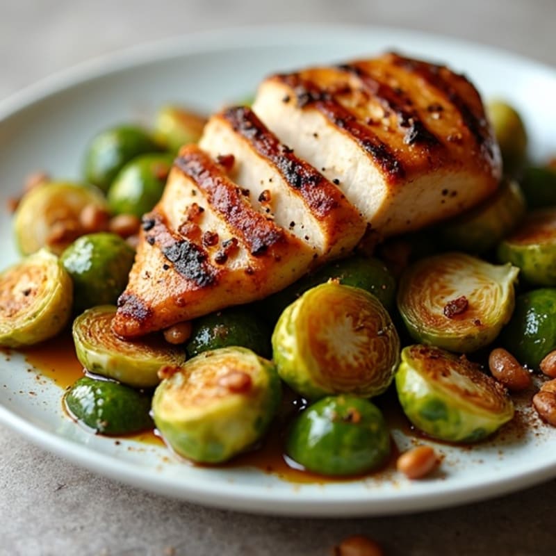 Honey-Balsamic Glazed Brussels Sprouts with Crispy Garlic and Grilled Chicken