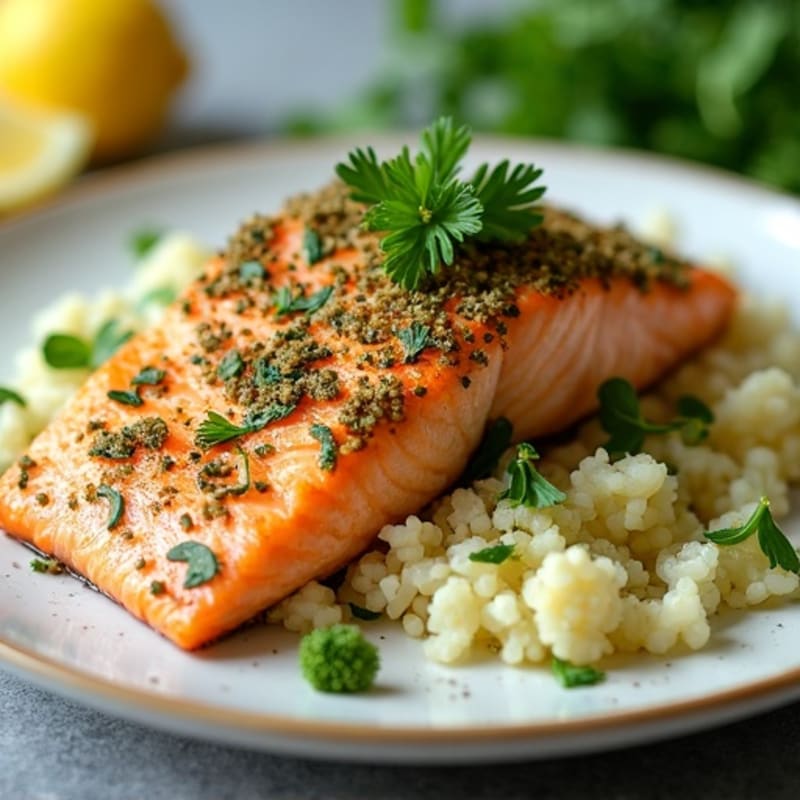 Herb-Crusted Pan Seared Salmon with Cauliflower Rice