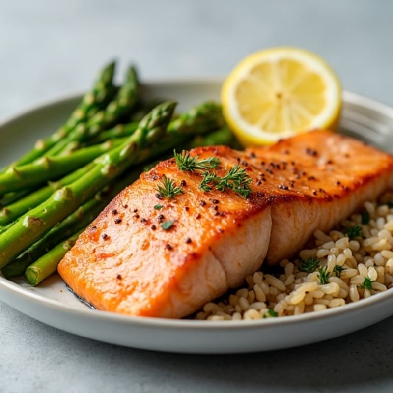 Seared Salmon with Steamed Asparagus and Brown Rice