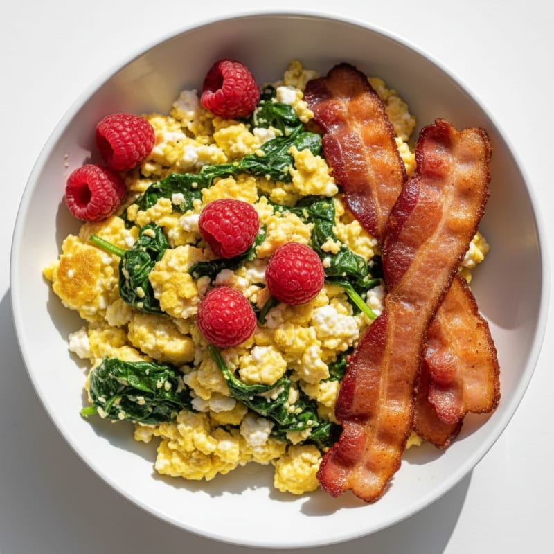 Cottage Cheese Scramble with Spinach and Turkey Bacon