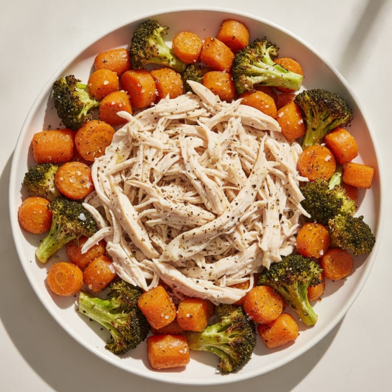 Shredded Chicken with Roasted Carrots and Broccoli