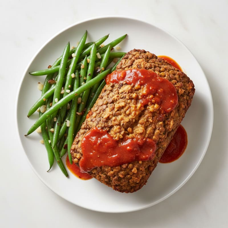 Lentil and Walnut Protein Loaf with Garlic Green Beans