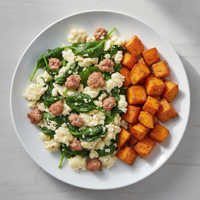 Egg White Spinach Scramble with Turkey Sausage and Roasted Sweet Potatoes
