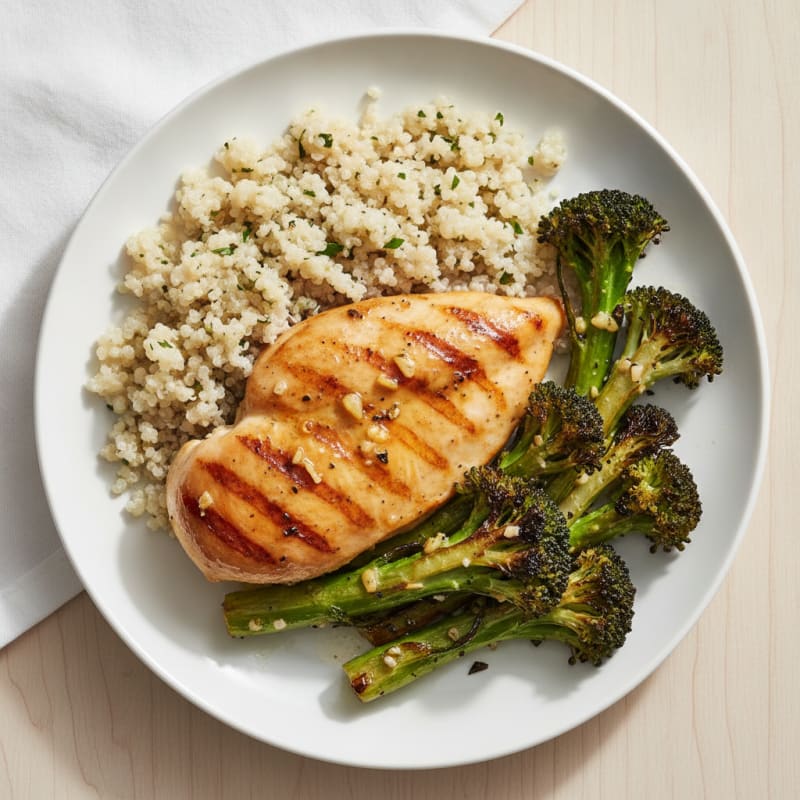 Grilled Lemon-Garlic Chicken Breast with Quinoa and Roasted Broccoli