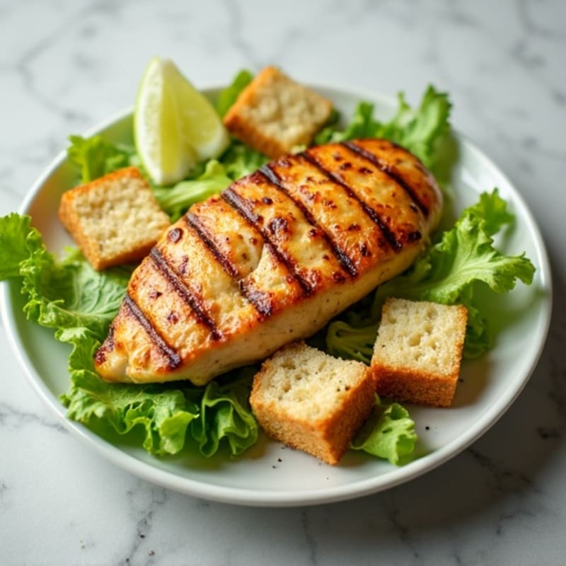 Grilled Chicken with Crisp Romaine, Creamy Garlic Dressing, and Crunchy Croutons