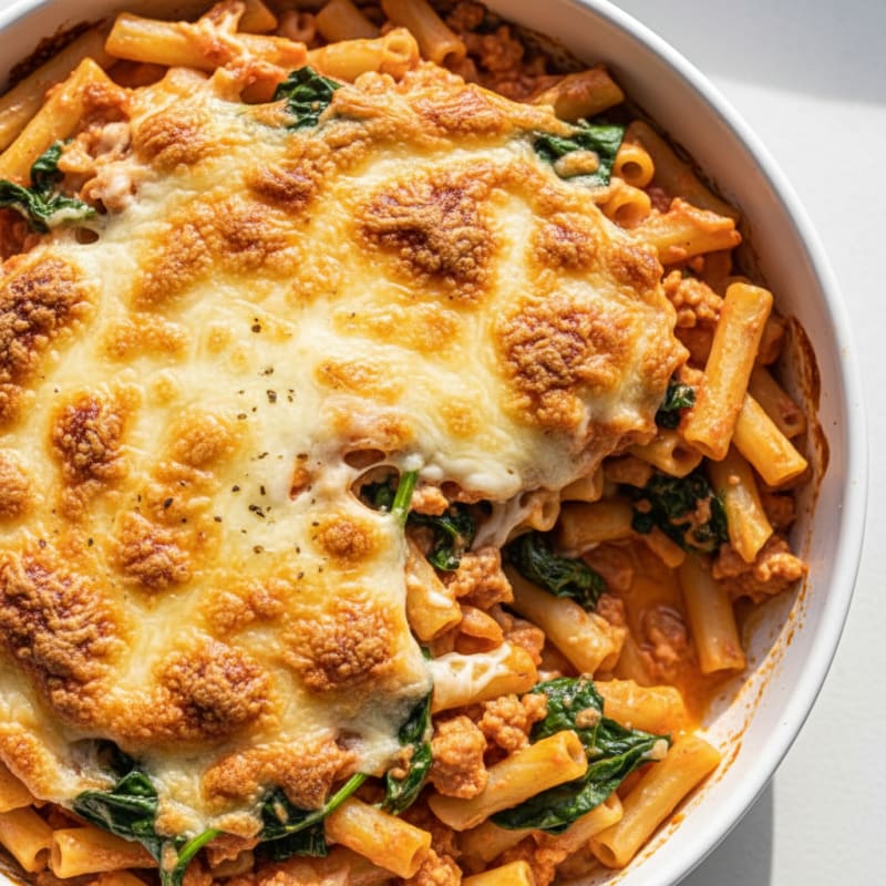 Creamy Baked Ziti with Golden Mozzarella Crust