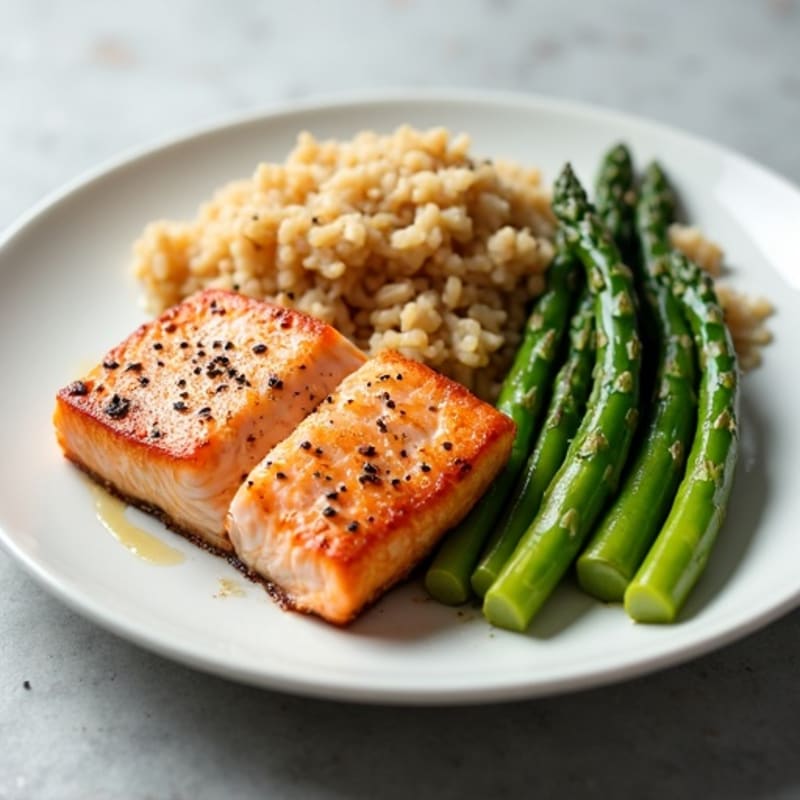 Seared Salmon Fillet with Steamed Asparagus and Brown Rice