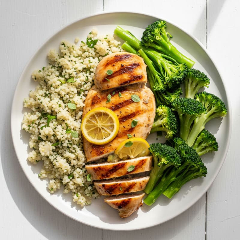 Grilled Lemon Herb Chicken Breast with Quinoa and Steamed Broccoli
